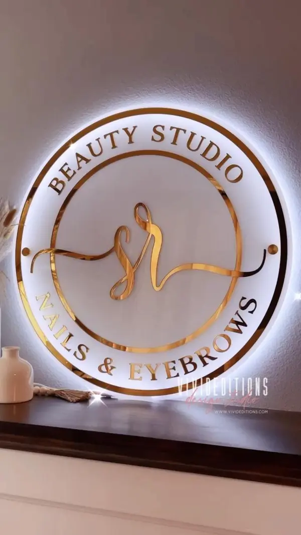 SR Beauty Studio circular LED backlit sign by Brandmaxx